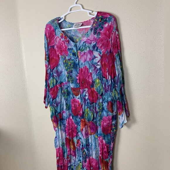 Vintage 2 Rare Womens 2X Dress Colorful Flowy Floral Abstract Maxi 80s Crinkle - Picture 5 of 16